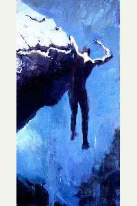 Male figure suspended in air after jumping from cliff